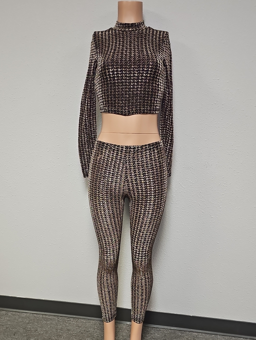 SHEIN Houndstooth Cropped Jumpsuit Set - Black & Brown
